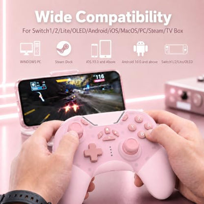 aghi Hall Effect Wireless Gaming Controller with Phone Clip | for iPhone/Android/PC/Steam/TV/Switch/Switch 2 with Hall Joysticks, Lock Speed, Macro, 6-Axis Gyro, Vibration, Turbo, Pink - color: Light Pink