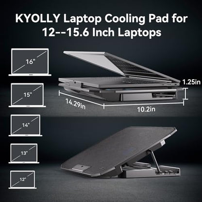 KYOLLY Ultra Slim Laptop Cooling Pad with 2 Quiet Big Fans, 5 Height Adjustable Ergonomic Stand, Portable Cooler for 10-15.6 Inch Laptops, Speed Control and 2 USB Ports