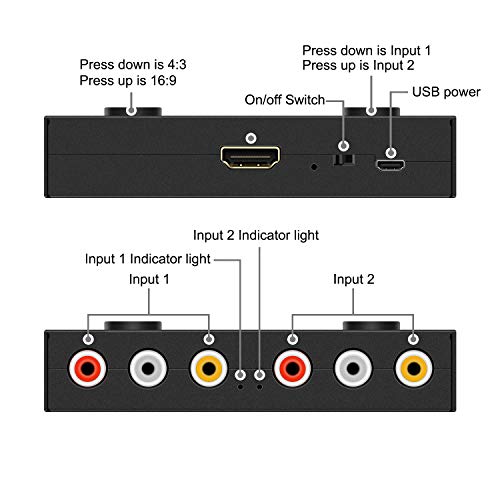 2 Port RCA/AV to HDMI Converter Adapter Support 16:9/4:3 for WII/N64/PS1/PS2/PS3/VHS/VCR/DVD Players etc(2 AV in 1 HDMI Out) - style: 2Port AV to HDMI Converter