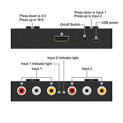 2 Port RCA/AV to HDMI Converter Adapter Support 16:9/4:3 for WII/N64/PS1/PS2/PS3/VHS/VCR/DVD Players etc(2 AV in 1 HDMI Out) - style: 2Port AV to HDMI Converter