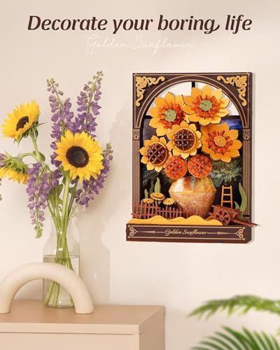 3D Wooden Puzzles for Adults - Van Gogh Golden Sunflower DIY Model Building Kits with LED Light - Gifts for Mothers Day - Home Decor, Wall Art & Unique Creative Gifts for Art Lovers/Men/Women - style: Golden Sunflower