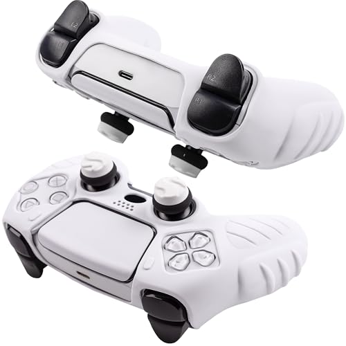 Ergonomic Soft Grip Skin Compatible PS5 Controller Cover, Anti-Slip Silicone with 6 Thumb Grips Accessories Set for PlayStation 5 (Clear Gray) - color: White