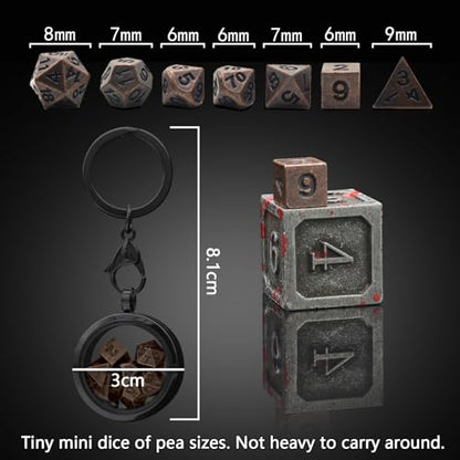 PJOY Mini Dice Set Tiny DND Dice with Necklace Case D&D Portable 7PCS Keychain Antique Copper Metal Dice Set for Role Playing Dice Games Compatible with Dungeons and Dragons Gifts - color: Black Copper