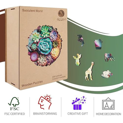 Delobi Mandala Succulent Wooden Puzzles, 200 Pieces Jigsaw Puzzles 11.3'' x10.9'', Unique Design Wooden Puzzles for Adults and Kids, Family Game Gift Medium Size - color: Succulent Mandala, size: 200Pcs
