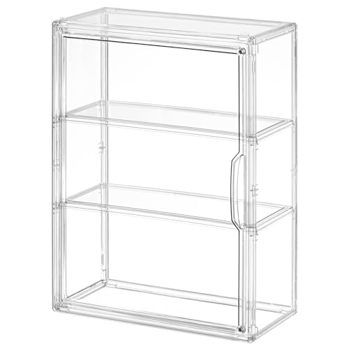 3 Tier Clear Display Case for Figures, Wall-Mounted Acrylic Storage Organizer Box, Stackable Display Cabinet with Magnetic Door & Removable Shelves, Showcase for Collectibles, Figures