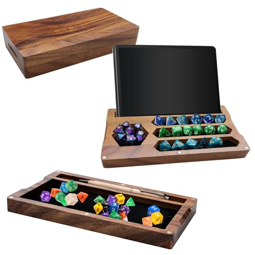 2 Pcs Walnut Dice Box 4.8 x 9 x 1.6 inch Secures Lid Portable Tray Handmade Rolling Dice Tray with Storage, Magnetic Lock and Phone Stand for Tabletop RPG and Board Games