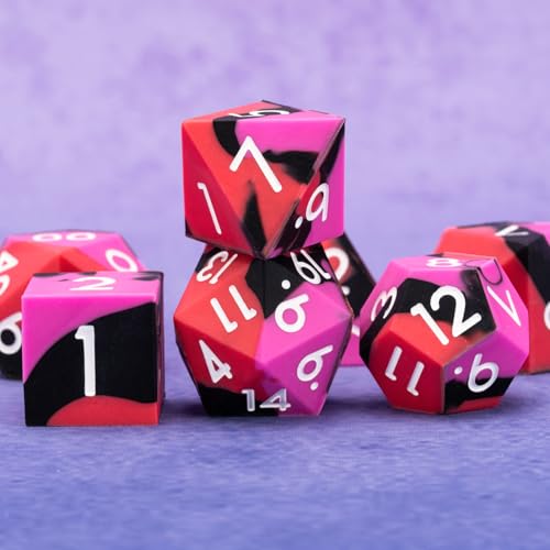 Silicone D&D Dice, 7pcs Rubber Polyhedral DND Dice Set, Sharp Edges Soft Perfect Bouncer for Dungeons and Dragons, RPG, MTG (D4, D6, D8, D10, D12, D20, D%) for Ages 15 and Up - color: Red Black Rose Red