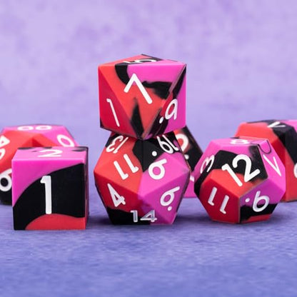 Silicone D&D Dice, 7pcs Rubber Polyhedral DND Dice Set, Sharp Edges Soft Perfect Bouncer for Dungeons and Dragons, RPG, MTG (D4, D6, D8, D10, D12, D20, D%) for Ages 15 and Up - color: Red Black Rose Red