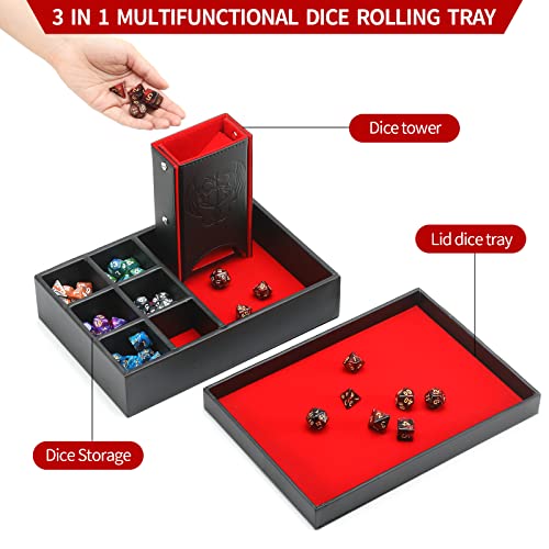 Grajar DND Dice Tray and Tower: Portable Dice Storage with Lid for Dungeons and Dragons, D&D, RPG, MTG & Table Games (Red) - color: Red