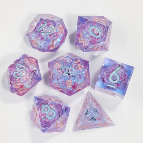 DND Dice Set, Handmade Resin Polyhedral Dice, Cherry Blossom Design, Sharp Edges, 7 Piece Set for TRPG RPG - color: Sakura Shimmer