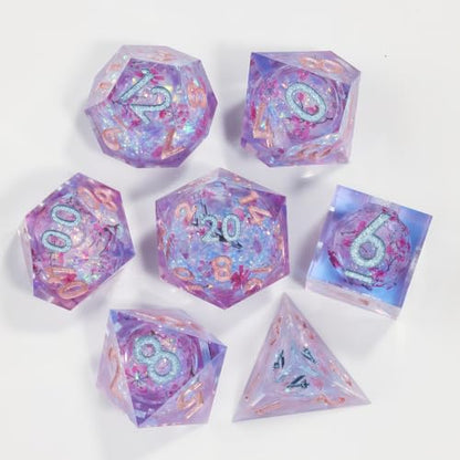 DND Dice Set, Handmade Resin Polyhedral Dice, Cherry Blossom Design, Sharp Edges, 7 Piece Set for TRPG RPG - color: Sakura Shimmer