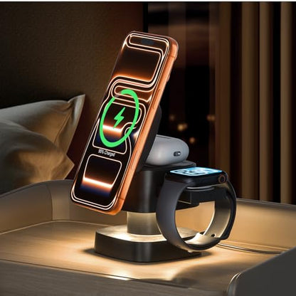 2026 Upgraded 4 in 1 Wireless Charger, 3 in 1 Wireless Charging Station with Night Light for MagSafe Charger, 15W Magnetic Travel Stand for iPhone17/Air/Pro/Max/16/15/14, Apple Watch, Airpods (Black) - color: black