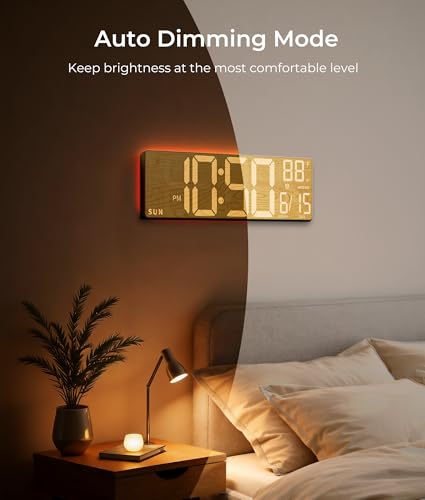 EASYERA 16.5" Large Digital Wall Clock BT Sync, 11 Scenes Mode Beige Clock | Remote Control, Big LED Clock with Dual Alarms, Auto DST, Temperature for Classroom Gaming - color: Beige