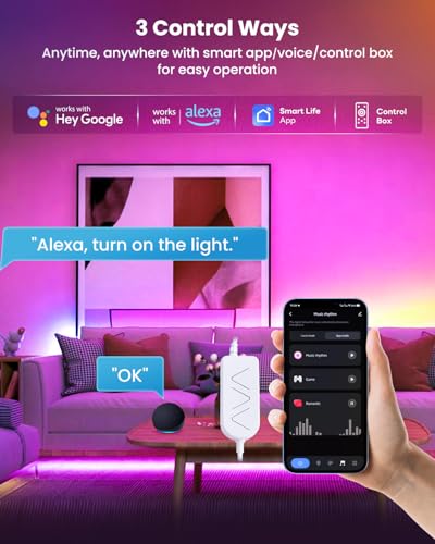 16.4ft RGB+IC LED Lights for 50-75 Inch TV, Backlight Strip Behind TV with Music Sync, Bluetooth APP and Voice Control, 44 Scene Modes, for Ambient Mood Lighting, Monitor Game, Bedroom, Living Room - size: 16.4FT