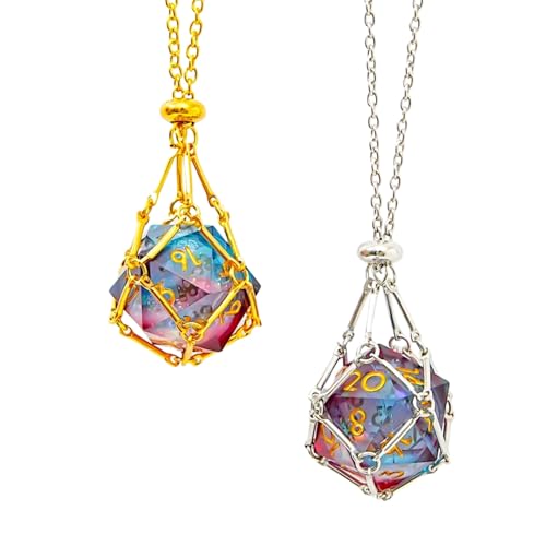2 PCS Liquid Core D20 Gold+Sliver Necklace Pendant – Sharp Edge Resin 20-Sided Dice Necklace for Dungeons & Dragons, Tabletop RPG Gift (Gradient Blue Red d20) - color: D-Red Blue-2PCS