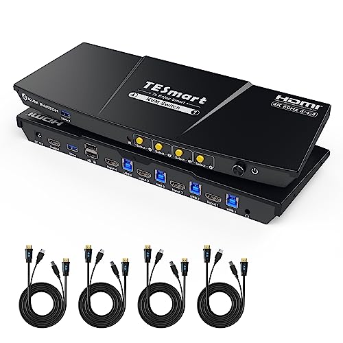 TESmart USB 3.0 HDMI KVM Switch 1 Monitor 4 Computers 4K@60Hz, L/R Audio & Microphone, 4 Port EDID Emulators, Hotkey Switching, Button Switching with Remote Switch and All Input Cables - size: USB 3.0 for 4 computers 1 monitor