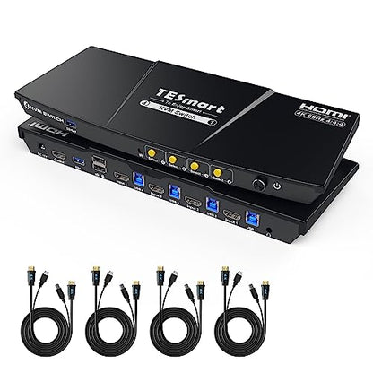 TESmart USB 3.0 HDMI KVM Switch 1 Monitor 4 Computers 4K@60Hz, L/R Audio & Microphone, 4 Port EDID Emulators, Hotkey Switching, Button Switching with Remote Switch and All Input Cables - size: USB 3.0 for 4 computers 1 monitor