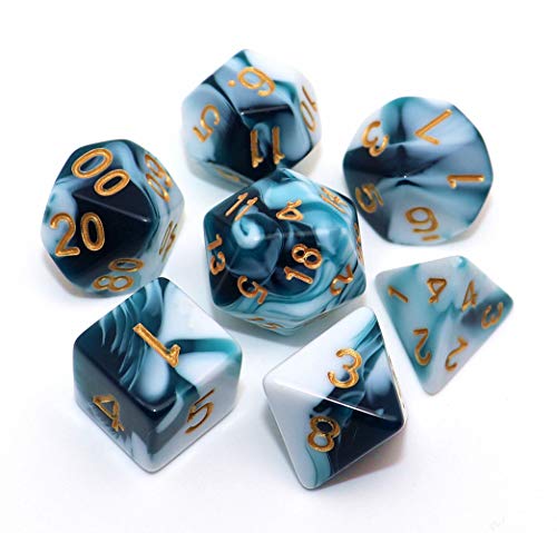 D&D Dice Set Teal White Dice for Dungeon and Dragons DND 7-Die RPG Dice D20 D12 D% D10 D8 D6 D4 - color: Teal Mixed White