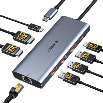 USB C Docking Station Dual HDMI Monitors Adapter USB C Hub 2 HDMI+Video 8K | Laptops Docking Station 3 Monitors USB C to 2 HDMI with Alt Mode Video Output HDMI 3*10G USB Port PD Ethernet for Dell HP