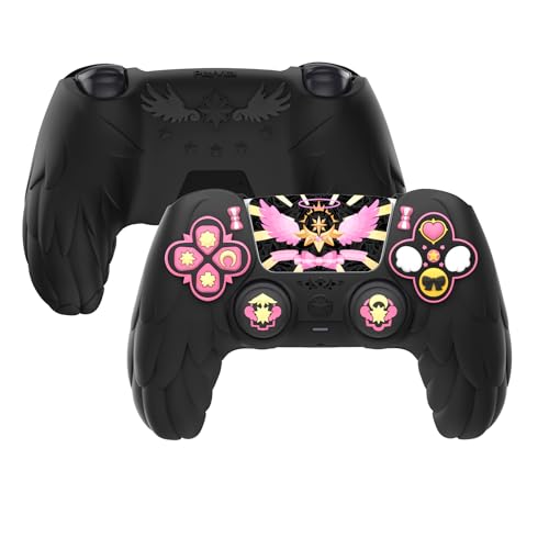 PlayVital Magic Wings Protective Silicone Cover Skin for ps5 Controller – Soft Anti-Slip Grip Protector Case for ps5 Controller with Thumbstick Caps & Stickers, Charging Station Compatible - Black - color: Black