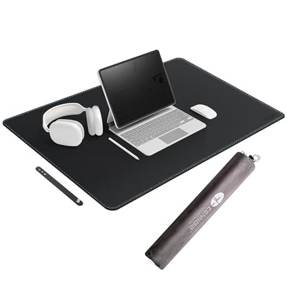 CENNBIE Leather Desk Mat - 31.4" x 19.6" Computer Desk Pad (Black) | Premium stitched edges resist wear. Easy to clean. Protects desk from spills, stains ,scratches. Smooth glide. Office & home. - color: Black, size: 19.6" x 31.4"