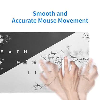 Black and White Mouse Pad 31.5 X 11.8 Inch Japanese Cherry Blossom Extended Large Mouse Mat Non-Slip Rubber Mousepad Stitched Edges Keyboard Mouse Mat Desk Pad for Office Home Game - color: Black and White