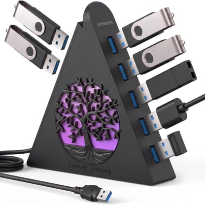 7-Port USB 3.0 Hub, Vertical USB Hub Splitter with RGB Lighting, 5Gbps High-Speed Data Transfer and 2FT Extension Cable, Compatible with Laptop, PC, Desktop, MacBook, PS5, Xbox, Flash Drive - color: 2-Tree Black