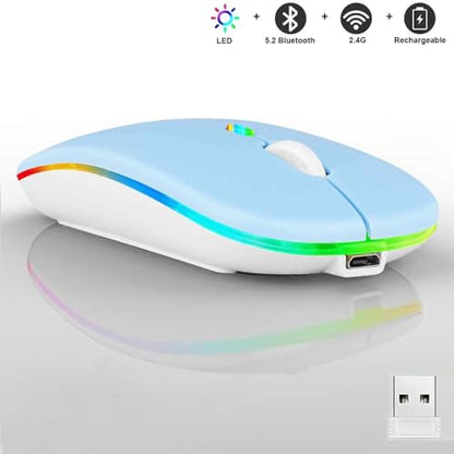 Guiheng Wireless Bluetooth Mouse,LED Dual Mode Rechargeable Silent Slim Laptop Mouse,Portable(BT5.2+USB Receiver) Dual Mode Computer Mice,for Laptop,Desktop Computer,ipad Tablet,Phone,TV (Blue) - color: blue