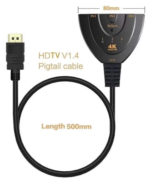 Hdmi Switch Switcher 3 in 1 Out 3-Port Selector 4K 60Hz, HDMI with Pigtail HDMI Cable,Supports Full HD 4K 1080P 3D Player, HDMI Hub Compatible with Fire Stick,HDTV,PS4 Game Consoles,PC
