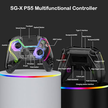 ASRVA Wireless Controller for PS5/PS5 Pro/PC, Hall Effect Joysticks & Triggers (No Drift), 2 Back Buttons, RGB, Translucent Design, Dual-Mode, Compatible with iOS/Android - color: Translucent