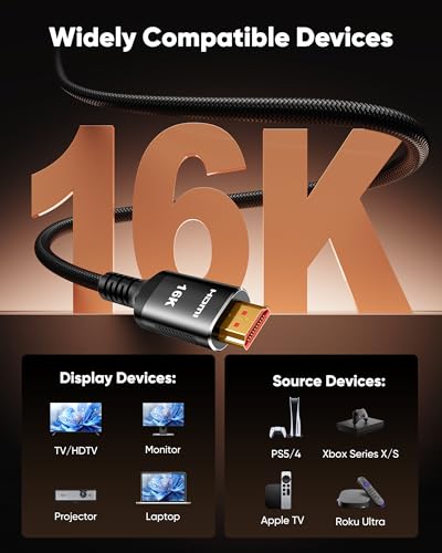 Snowkids 16K HDMI Cable 96Gbps 6.6FT/2M, 48Gbps Ultra High-Speed for TV | 16K 8K@120Hz, 4K@240Hz HDCP 2.3 & Dynamic HD, Ethernet, 3D, eARC, VRR, QFT, QMS, ALLM, DSC, SR Design - size: 6feet