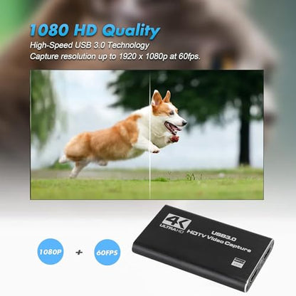 4K HDMI Capture Card with Loop Out, USB 3.0 Video Capture Device 1080P 60FPS for Streaming, PC, Plug Play Game Recording Card, Aluminum Alloy Heat Dissipation Design