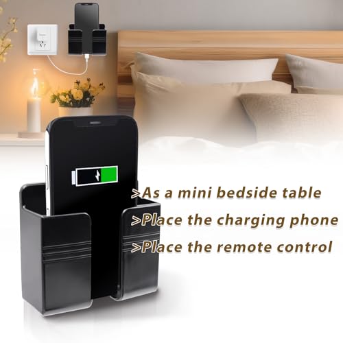 2 Pcs Wall Mount Phone Holder with Adhesive Pads Phone Stand with Data Cable Receiving Hole, Charger Remote Control Storage Box for Bedroom, Kitchen, Bathroom, Office (Black) - color: Black