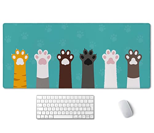 SSOIU Large Mouse Pad, Full Desk XXL Extended Gaming Mouse Pad 35.5" X 15.7", Waterproof Desk Mat Stitched Edges, Non-Slip Laptop Computer Keyboard Mousepad for Office and Home, Cat Paws - color: Cat Paws