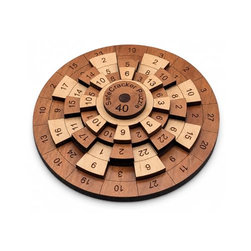 Creative Crafthouse Safecracker 40 Brain Teaser Puzzle for Adults, USA Made | Four rotating wooden rings, Align all 16 columns to one shared sum. A palm size number challenge for the desk or office - style: Safecracker 40