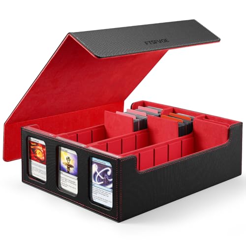 Trading Card Storage Box, Bulk Card Storage for 2400+ Sleeved Cards | 3-Row Card Organizer box, PU leather removable magnetic lid, 24 dividers and 3 Stoppers, Fit for MTG, TCG and Sports Cards - color: Black&Red, size: 2400+