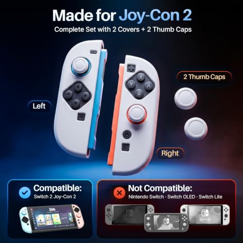 TNP JoyCon Cover for Nintendo Switch 2, Silicone Controller Case, White | 2-Piece Anti-Slip Skin Set for Left and Right Joy-Con 2 Controllers with Matching Thumb Grip Caps; Controllers Not Included - color: White