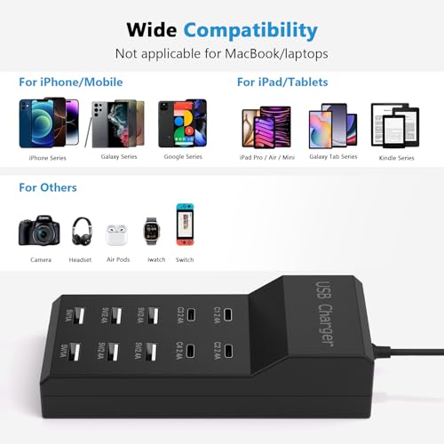 10-Port USB Charging Station, 4 USB-C and 6 USB-A Ports Power Strip, 50W Smart Output, Multi-Device Charging Block
