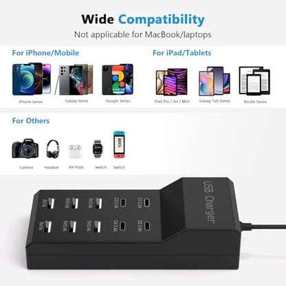 10-Port USB Charging Station, 4 USB-C and 6 USB-A Ports Power Strip, 50W Smart Output, Multi-Device Charging Block