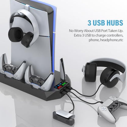 PS5 Slim Stand and Cooling Station with Controller Charging Station for Playsation 5 Slim&Standard Disc/Digital Console, PS5 Accessories Incl. Charger/Turbo Fan/3 USB Hub/Headset Holder - Black - color: WORK WITH PS5 Slim + PS5