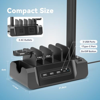 KDD Charging Station with 6 Charging Cables - Fast Charging 6 in 1 Cellphone Charging Dock with Headphone Stand and Watch Holder - 2 AC&USB A&USB C, Storage Station for Smartphone,Tablets, AppleWatch