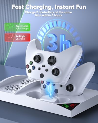 MENEEA Charger Stand Cooling Fan for Xbox Series S Console&Controller,White | Vertical Dual Cooler System Charging Dock Accessories with 2x1400mAh Rechargeable Battery, Earphone Bracket for Xbox Series S - color: White