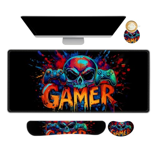 AIMSA Large Gaming Mouse Pad Set, Keyboard Wrist Rest Support + Extended Mouse Pad + Mouse Wrist Cushion + Coaster, Skull Gamer Ergonomic Memory Foam Multifunctional Desk Mat 35x15.7inch - color: Skull Gamer