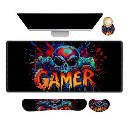 AIMSA Large Gaming Mouse Pad Set, Keyboard Wrist Rest Support + Extended Mouse Pad + Mouse Wrist Cushion + Coaster, Skull Gamer Ergonomic Memory Foam Multifunctional Desk Mat 35x15.7inch - color: Skull Gamer