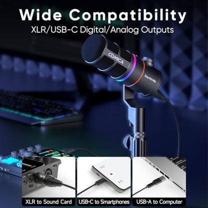 COMICA EJoy D10(D) USB/XLR Gaming Microphone with Noise Cancel, Boom Arm | Cardioid Dynamic Studio Mic, 48khz/24bit, 4-Level Gain & Real-Time Monitor, Streaming Microphone for Gamers & Streamer Pc/Ps5 - color: Black