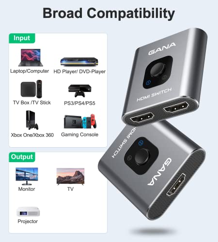 HDMI Switch 4k@60hz Splitter, GANA Aluminum Bidirectional HDMI Switcher 2 in 1 Out, Manual HDMI Hub Supports HD Compatible with Xbox PS5/4/3 Blu-Ray Player Fire Stick Roku - color: Grey (No Cable)