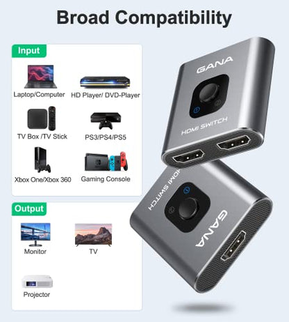 HDMI Switch 4k@60hz Splitter, GANA Aluminum Bidirectional HDMI Switcher 2 in 1 Out, Manual HDMI Hub Supports HD Compatible with Xbox PS5/4/3 Blu-Ray Player Fire Stick Roku - color: Grey (No Cable)