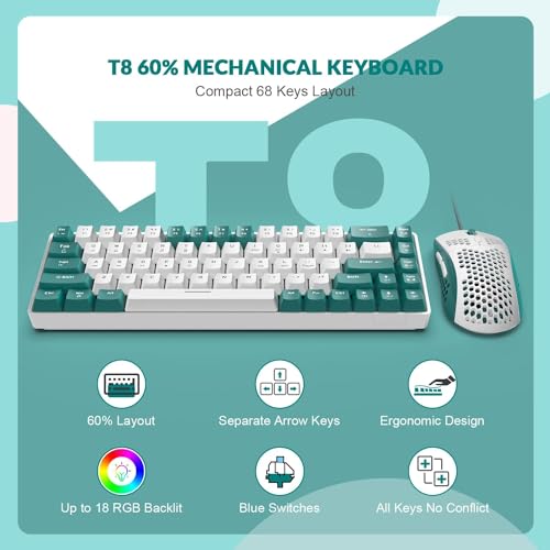 ZIYOU LANG T8PR0 Wired 65% Mechanical Gaming Keyboard and Mouse Combo-Green | RGB Backlit,Anti-ghosting,TKL,Mini 68 Key,Coiled C to A Cable,Tactile Blue Switch,Ultralight Mice for PS4 Xbox PC Mac Gamer - color: Green White, size: 65% Keyboard + Mouse