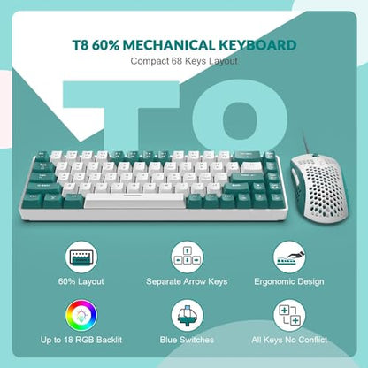 ZIYOU LANG T8PR0 Wired 65% Mechanical Gaming Keyboard and Mouse Combo-Green | RGB Backlit,Anti-ghosting,TKL,Mini 68 Key,Coiled C to A Cable,Tactile Blue Switch,Ultralight Mice for PS4 Xbox PC Mac Gamer - color: Green White, size: 65% Keyboard + Mouse