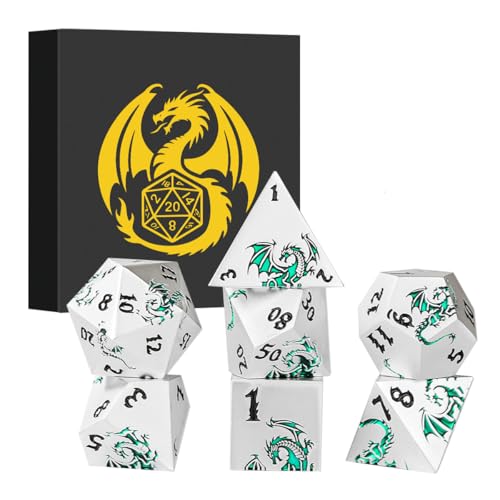 Metal Dice Set, Flat Face White Green Dragon Pattern, 7pcs Polyhedral Metal DND Dice Set, DND Starter Set, D&D Gifts with Gift Box, Role Playing Board Games Accessories, White - color: White+green